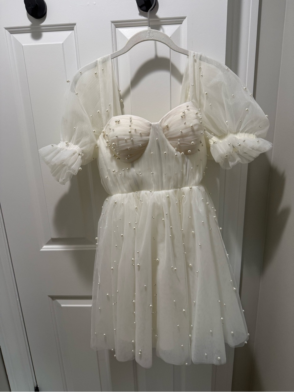 Ivory Pearl-Embellished Mini Dress with Puff Sleeves